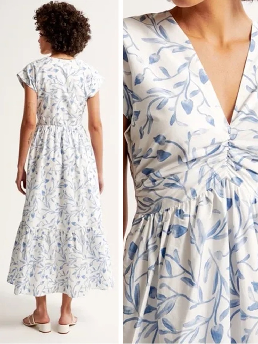 Abercrombie - Tall Cinch-Front Poplin Midi Dress - White & Blue - Picture 2 of 16